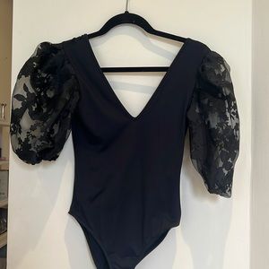 Zara Black Bodysuit with Sheer Puff Sleeves
